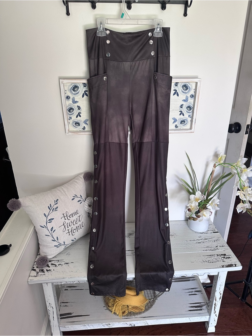 High-Waist Snap-Trim Flare Leg Pants - Chocolate Brown Mineral Wash